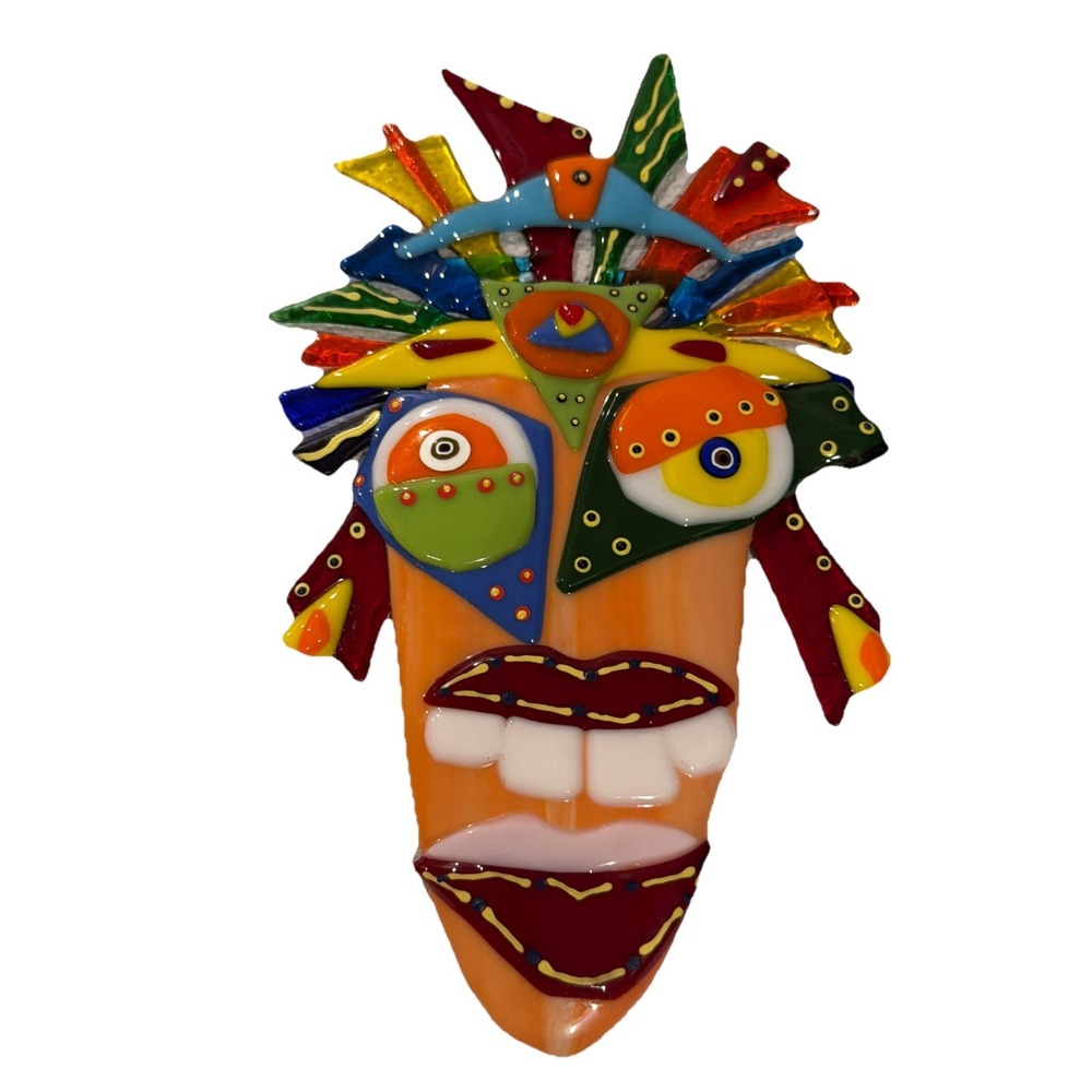Charlene‎ Heilman Fused Glass Design Mayan Tribal Culture Mask 10" Wall Hanging